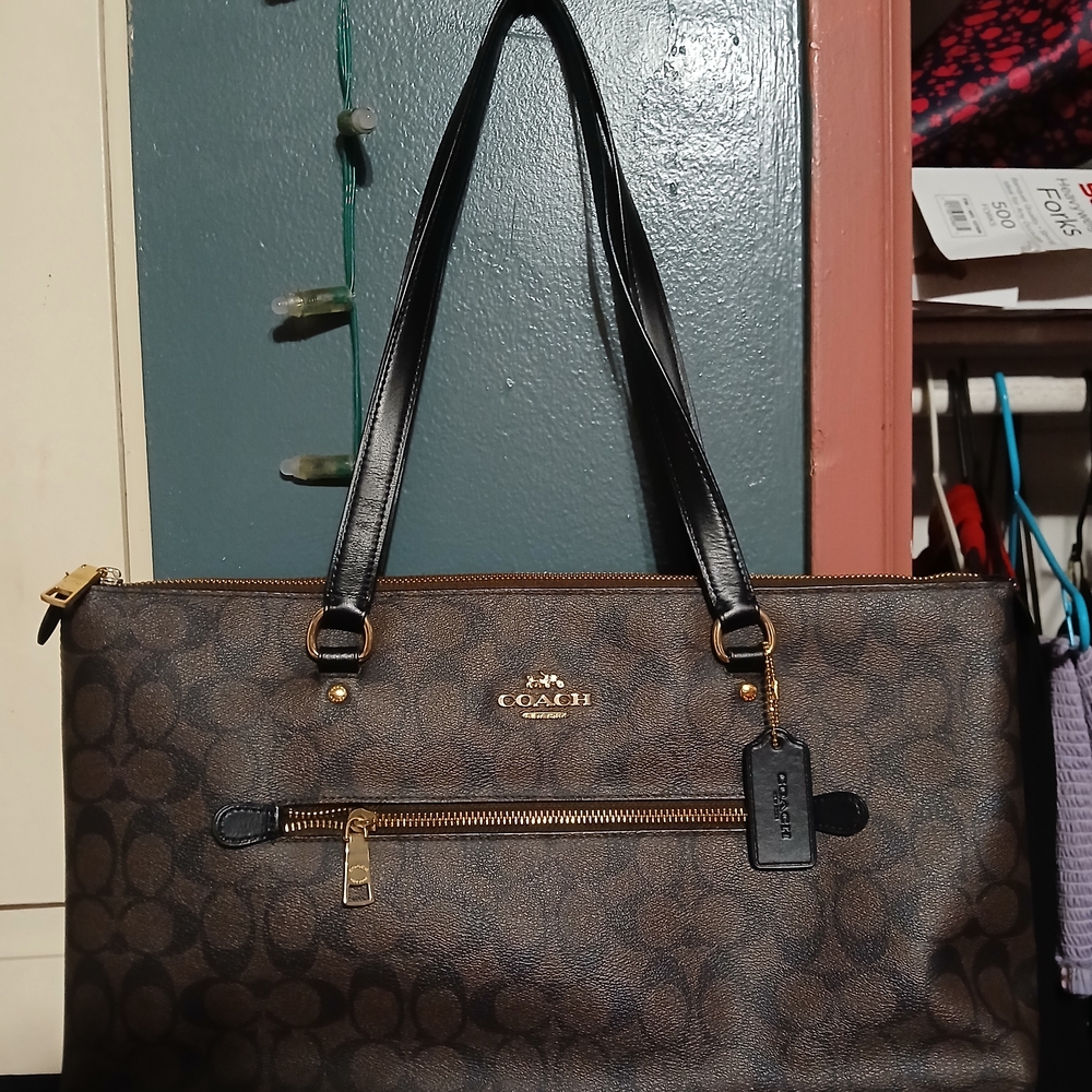 Coach Signature Zip-Top Bag in Brown and Black